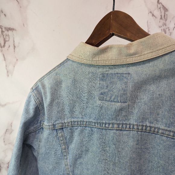 Vintage Denim Jacket Women Large Jean 80s 90s Y2K Linen Collar Light Wash Crop - Picture 6 of 14